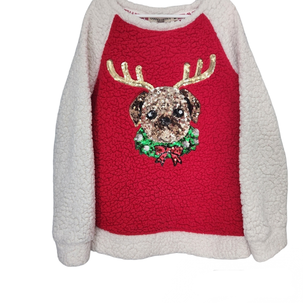 Kids Chance or Fate Holiday Sherpa. Red/ Off white with sequin Pug dog. Sz M.